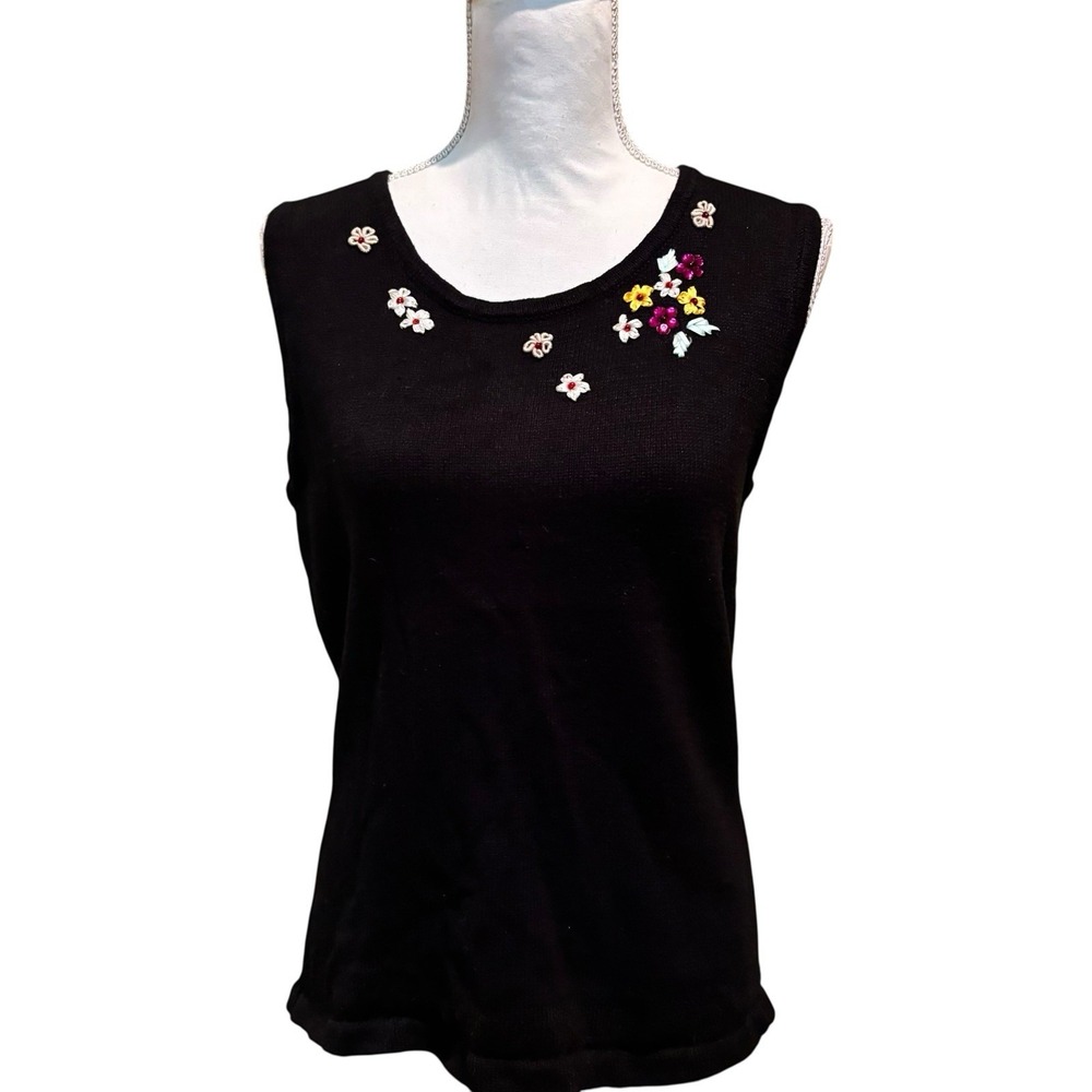 Storybook Knits Sleeveless Sweater Grannycore Black Whimsical Floral Size Large